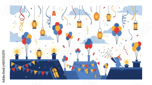 Festive Rooftop Celebration: An illustrated scene of a lively party on a rooftop, featuring decorative balloons, celebratory confetti, colorful banners, and illuminated lanterns under a bright sky.