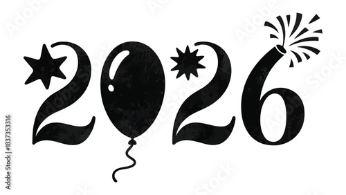 New Year's Eve Celebration Design: A striking artistic rendering of the number 2026, complete with a celebratory balloon and firework, signaling a joyous welcome to the new year.
