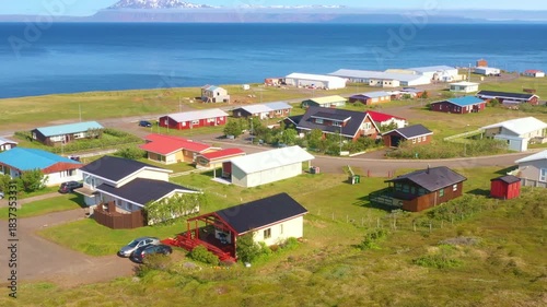 Panoramic view of small town of Bakkafjorður, Atlantic coast, north east Iceland