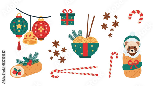 Holiday Cheer: A delightful array of festive elements, including enchanting lanterns, candy canes, and a wrapped gift, conjure the spirit of a merry celebration. 