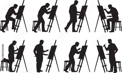 Silhouette Set of Male Artist Painting at Easel – Vector Illustration Collection. with white background