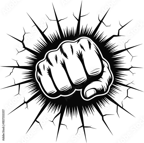 Powerful fist punch breaking through surface with cracked effect