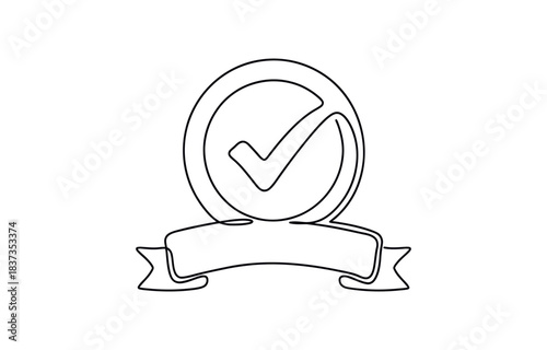 Award badge continuous line art drawn. Approval check sign. Certificate contour line isolated on transparent background