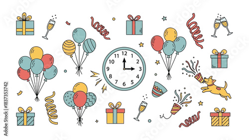 Festive Celebration: Capturing a jubilant collection of party elements, perfect for celebrating an event. Featuring gift boxes, balloons, and decorative streamers.