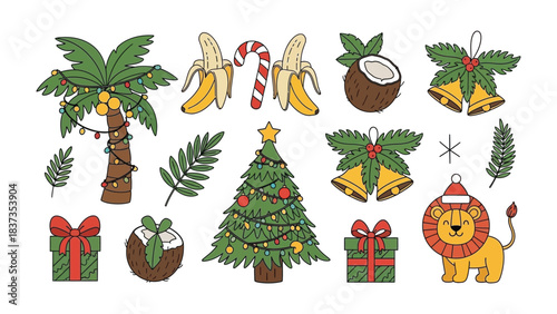 Tropical Christmas: Embrace the festive season with a touch of tropical flair, featuring iconic symbols like a Christmas tree, gift, and a charming lion, alongside exotic elements like a coconut.