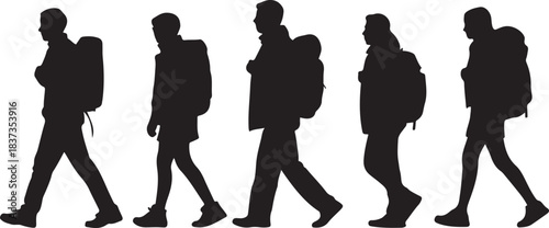 A collection of six walking people with backpacks, presented in a stark black silhouette style. Vector black silhouette. with white background