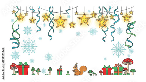 Festive Delight: Adorable holiday illustration features a squirrel, mushroom, ornaments, and gifts, embodying the spirit of celebration.