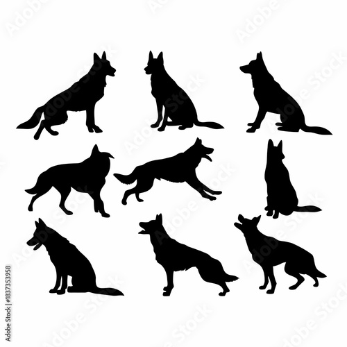 Nine distinct black German Shepherd dog silhouettes in various dynamic and static poses, featuring sharp outlines and pointy ears.