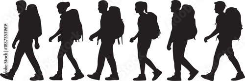 A collection of six walking people with backpacks, presented in a stark black silhouette style. Vector black silhouette. with white background