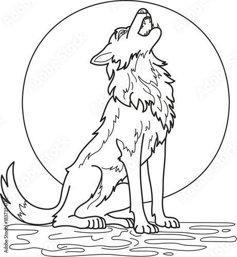 wolf and moon vector illustration, outline on a white background, coloring page