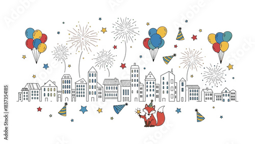 City Festival: Whimsical scene of a city celebrating, featuring fireworks, buildings, balloons, and a festive fox, capturing the spirit of joy and festivity.