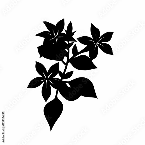 Stylized black silhouette of a flowering plant branch with five-petal blossoms and leaves, graphic vector icon.