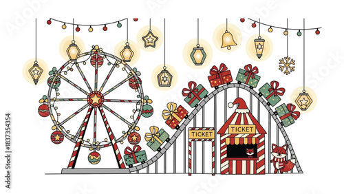 Joyful Carnival: The image shows a merry carnival scene featuring a Ferris wheel and a roller coaster filled with gifts. The scene is festive with decorative lights, promising a fun.