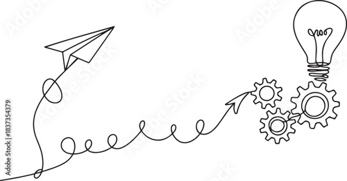 Paper plane flying up connected with light bulb, gears and graph in one continuous line drawing. Airplane in outline style. one line Icon drawing