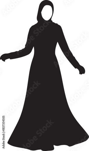Silhouette of a Muslim woman in a flowing abaya dress on white background hijab