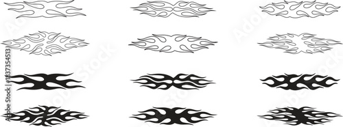 Dynamic flame vector set featuring bold tribal fire shapes in outlined and solid styles. Perfect for decals, tattoos, racing graphics, and digital design themes. Clean, scalable artwork ideal 