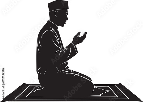 Silhouette Of Muslim Man Praying On Prayer Mat Islamic Religion vector illustration