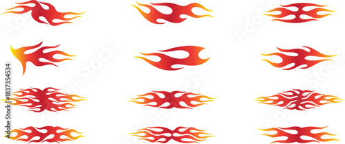 Vibrant flame vector set featuring dynamic red and yellow fire designs. Perfect for decals, illustrations, and graphic decoration. High-quality stylized flames for creative projects.