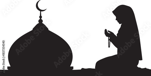Silhouette of Muslim woman praying beside mosque dome with crescent moon on white background