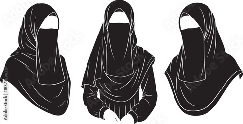 Three Muslim women wearing niqabs and hijabs in black and white silhouette woman