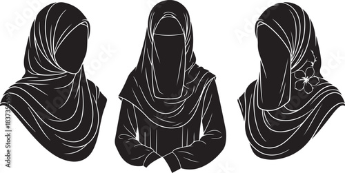 Three Silhouettes of Women in Hijab and Niqab on White Background muslim