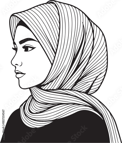 Woman wearing a hijab in profile view line art illustration headscarf side view