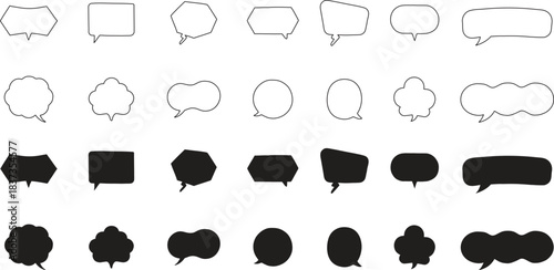 Minimalist comic speech bubble set. Hand-drawn outline and solid silhouette dialog shapes. Perfect for graphic design, stickers, and digital illustration projects.