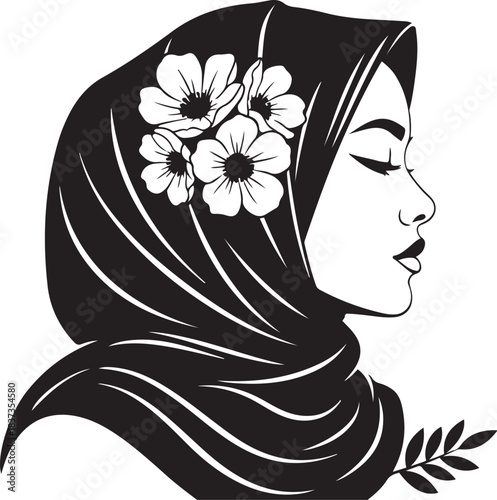Woman wearing a hijab with flowers and a branch in profile view Muslim headscarf