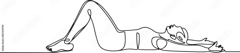 Obraz premium Continuous vector line art of fitness woman with Plow Pose stretch, Lying on her back on the floor. one line Icon drawing