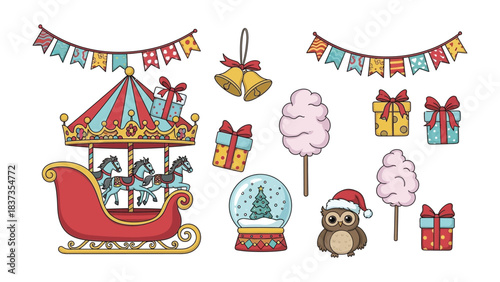 Christmas Wonderland Illustration: A collection of delightful Christmas elements, from a charming carousel and festive garlands to whimsical gifts and a snow globe.