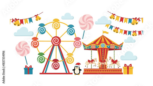 Carnival of Delights: A vibrant and whimsical carnival scene unfolds, showcasing a colorful Ferris wheel, carousel, festive decorations, and playful candies.