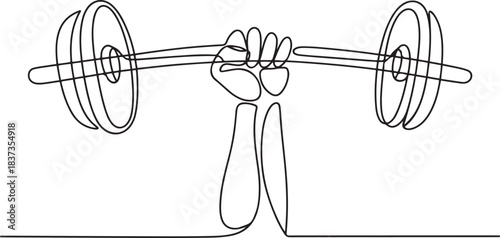 Hand lifting a barbell illustrated in continuous one line drawing. Sport activity concept emphasizing weightlifting and muscle development. one line Icon drawing