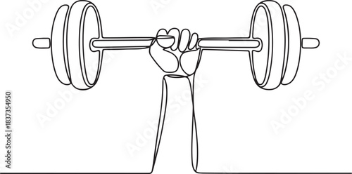 Hand lifting a barbell illustrated in continuous one line drawing. Sport activity concept emphasizing weightlifting and muscle development. one line Icon drawing