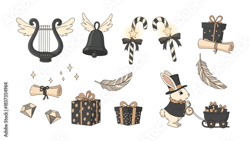 Magical Christmas Illustration: An enchanting collection of festive elements, including candy canes, gifts, angelic wings, and a whimsical rabbit, evoke the joyous spirit of the season. 