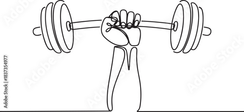 Hand lifting a barbell illustrated in continuous one line drawing. Sport activity concept emphasizing weightlifting and muscle development. one line Icon drawing