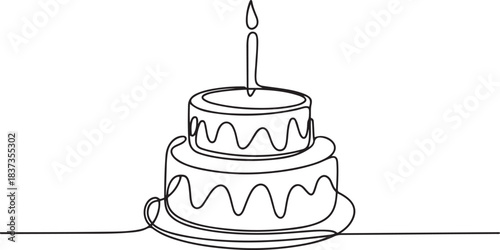 Birthday cake in continuous line art drawing style. Large three-layer holiday cake with candle on the top. Black linear sketch isolated. one line Icon drawing