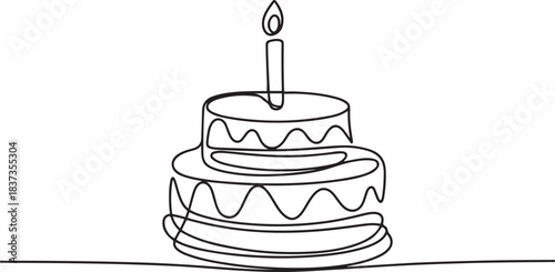 Birthday cake in continuous line art drawing style. Large three-layer holiday cake with candle on the top. Black linear sketch isolated. one line Icon drawing