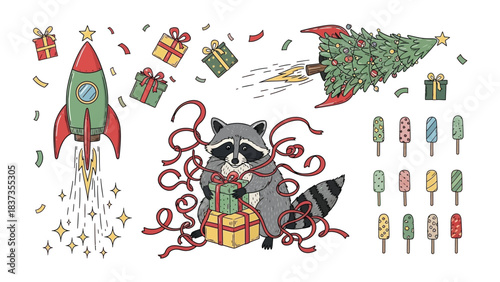 фотографія Raccoon Christmas Festive Scene: An adorable raccoon surrounded by festive elements, with gift boxes and a rocket with Christmas tree, the illustration captures the warmth of the holiday spirit