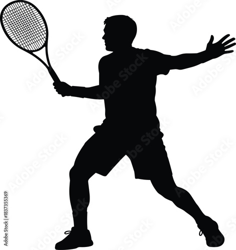 Professional Tennis Player Silhouette Vector, Dynamic Male Athlete Hitting Forehand or Backhand Shot, Ideal for Sports, Fitness, and Tournament Graphics