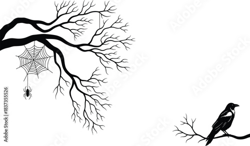 Spooky Halloween Tree Silhouette Vector Graphic, Bare Branches with Spiderweb and Crow, Perfect for Horror, Autumn, and Gothic Holiday Design Elements