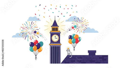 Celebratory Time: Vibrant Illustration Featuring the Iconic Clock Tower, Balloons, and Fireworks, with festive design element and celebratory mood. 