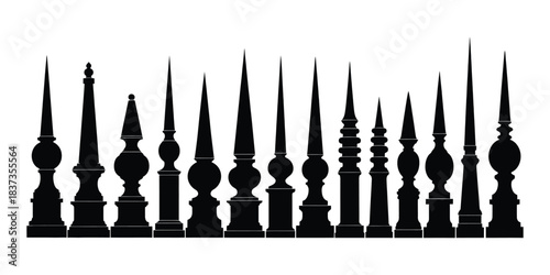 Decorative architectural finials and spires silhouette set design