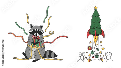 фотографія Christmas Festive Illustration: A playful raccoon unwraps a gift amid colorful ribbons, while a rocket-shaped Christmas tree blasts off