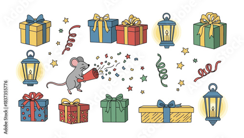 Festive Surprise: Delightful gifts, shimmering confetti, whimsical mouse. and vintage lanterns create a festive atmosphere, celebrating joyous events, perfect for adding a touch of enchantment.