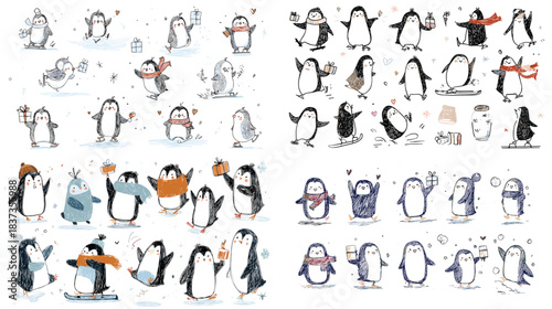Fun penguin illustrations in various winter activities and poses with scarves and hats. A lively collection perfect for children’s designs, stickers, patterns, and seasonal artwork.