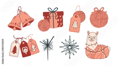 Holiday Decorations Illustration: Festive ornaments and gift tags arranged to evoke the spirit of the season, capturing the cheerfulness of festive decoration