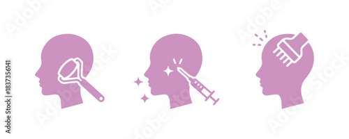 Facial beauty procedure icon for women. It showcases facial massage with a roller, injections, and ultrasonic cleansing in a black pictogram. This icon is about skin care for a girl's face. 