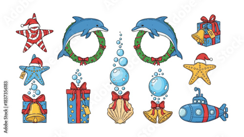 Underwater Christmas Decoration: Whimsical illustrations blend the magic of Christmas with the beauty of the underwater world, featuring festive marine life and holiday ornaments.
