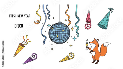 New Year's Eve Celebration: Festive scene with a disco ball, streamers, party hats, party poppers and a fox holding a champagne glass, capturing the joyous spirit of a new year.