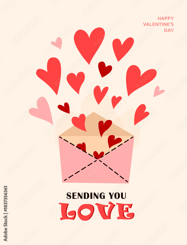 Fototapeta premium Love background vector illustration. Happy Valentines Day card with hearts, typography greeting text, envelope sending you love. Invitation abstract design in minimal art modern style
